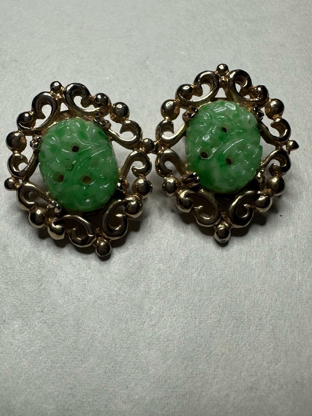 Vintage Gold-Tone Filigree Clip on Earrings with Faux Green Carved Jade